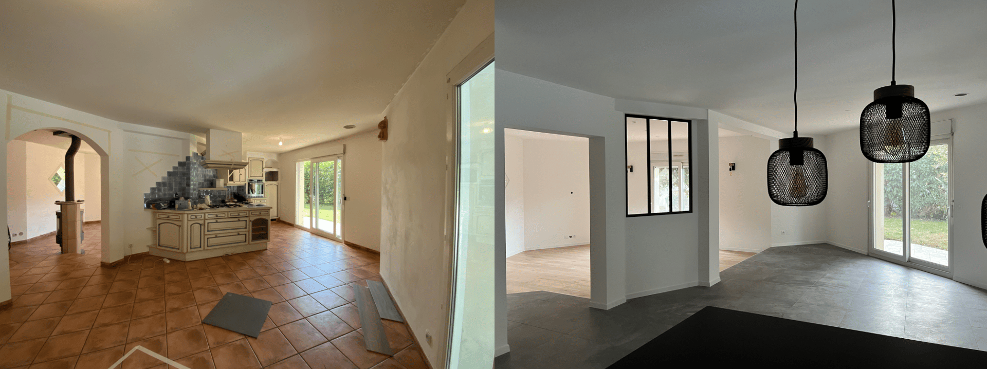 Rénovation complète maison à Thônex : espace cuisine salle à manger. Ajout de verrière